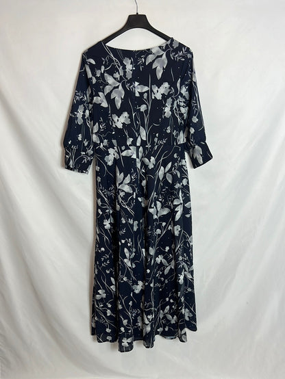 OTRAS. Vestido midi azul flores detalle cuello. T M