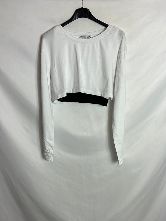 ZARA. Camiseta crop blanca manga larga. T S