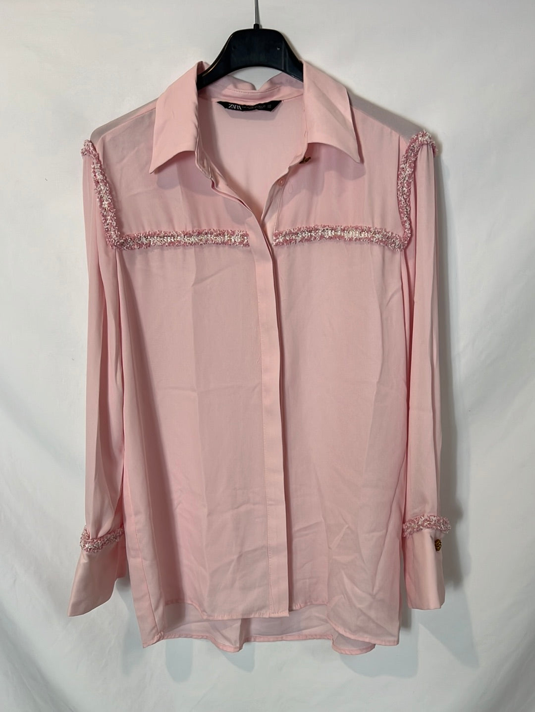 ZARA. Blusa rosa detalles en tweed. T XS