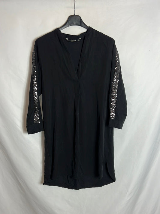 ZARA. Vestido negro manga lentejuelas . T S