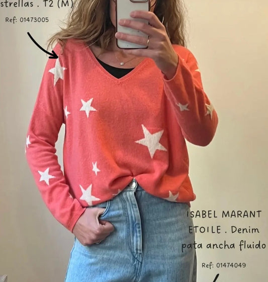 GERARD DAREL. Jersey cashmere rosa estrellas . T2 (M)