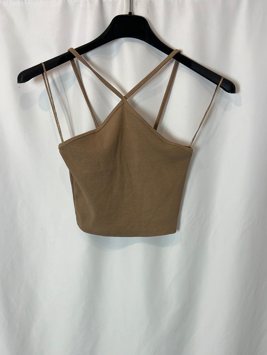 ZARA. Crop top beige tostado canalé. T S