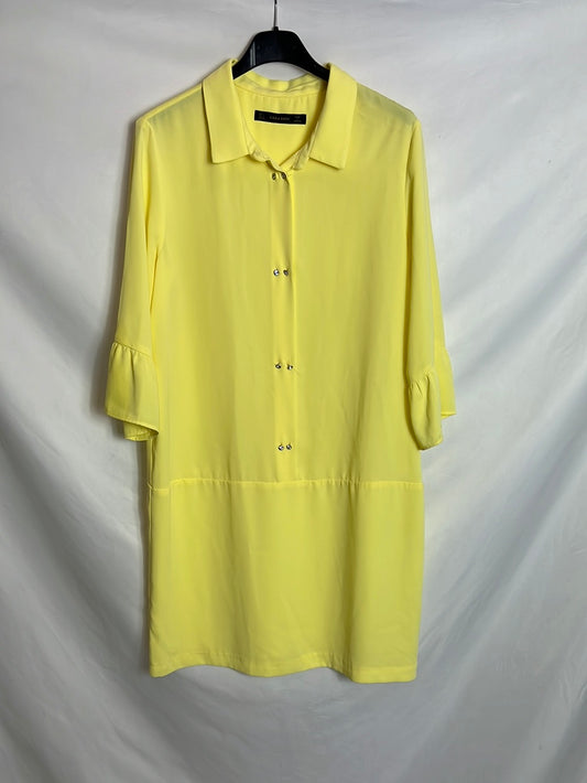 ZARA. Vestido corto amarillo botones pedrería. T L