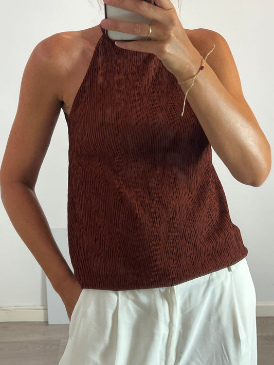 MANGO. Top cuello halter marrón textura. T S