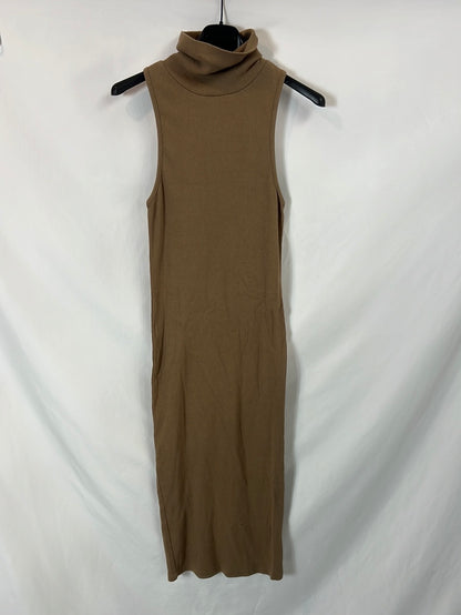 ZARA. Vestido midi canalé beige T.s