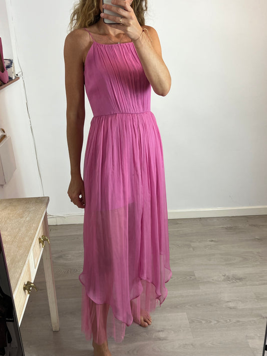 DAVID CHRISTIAN. Vestido midi rosa gasa. T 38