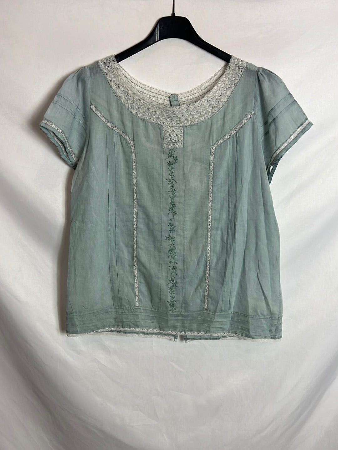 BIMBA Y LOLA. Blusa manga corta azul claro encajes. T L