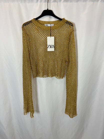 ZARA. Top rejilla dorado.T L