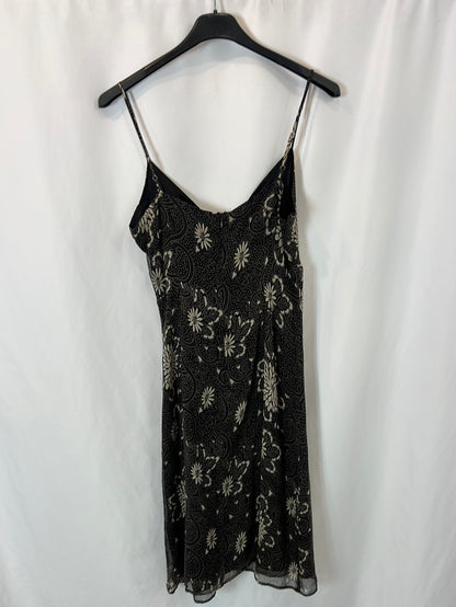 BLUNAUTA. Vestido midi seda negro estampado. T 40