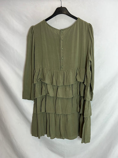 ZARA. Vestido corto verde volantes. T M