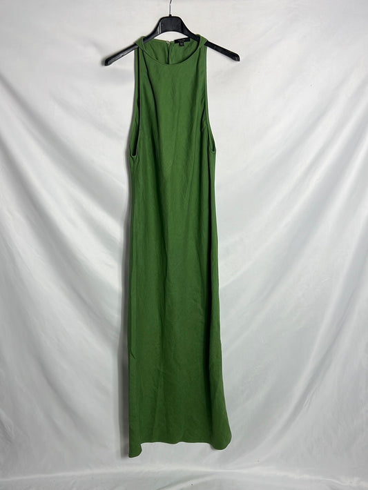 MASSIMO DUTTI. Vestido midi lino verde cuello halter. T M