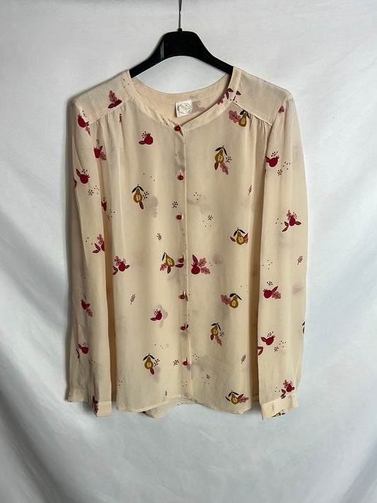 DES PETITS  HAUTS. Blusa beige estampada. T 1(S)