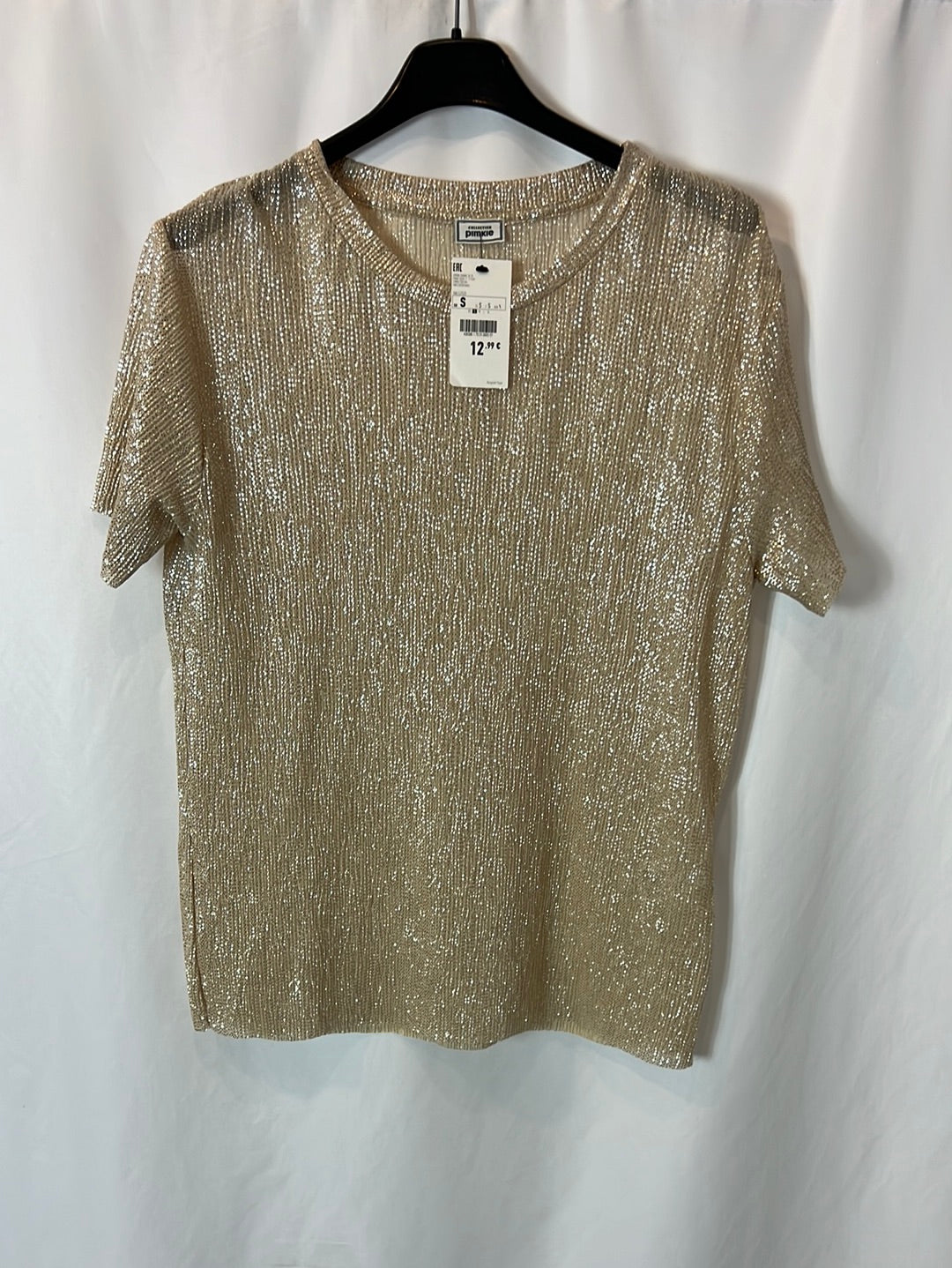 PIMKIE. Camiseta beige brillo canalé T.s