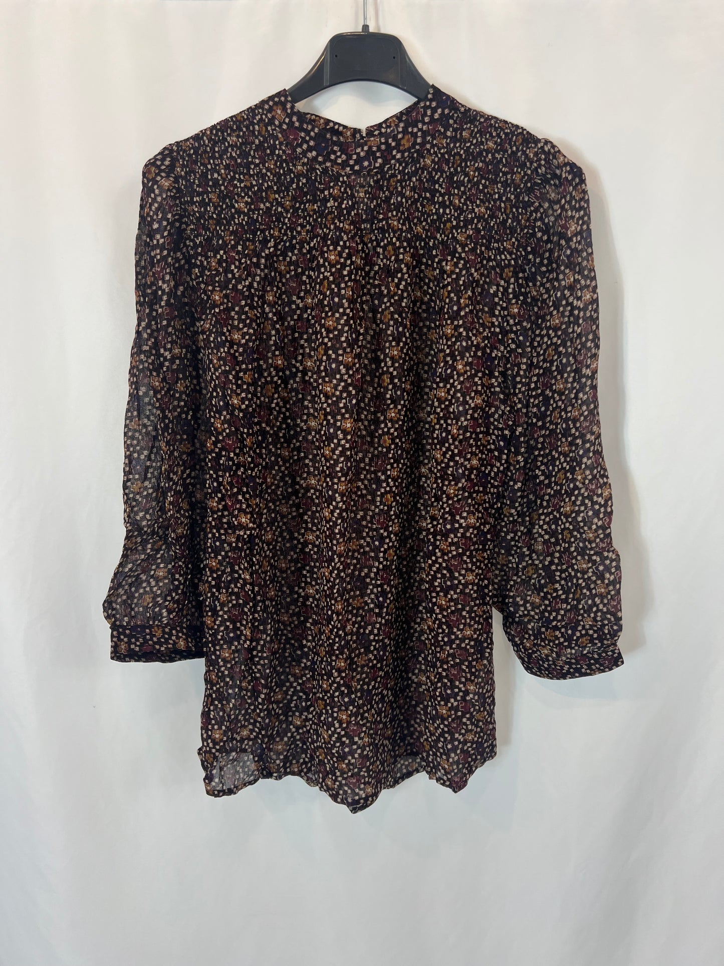 SESSÚN. Blusa marrón estampada T.s