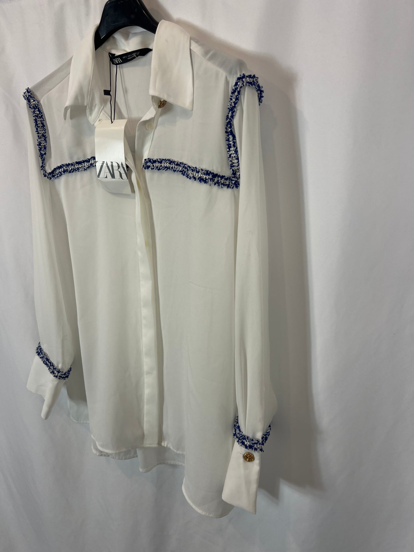 ZARA. Blusa blanca detalles tweed. T S