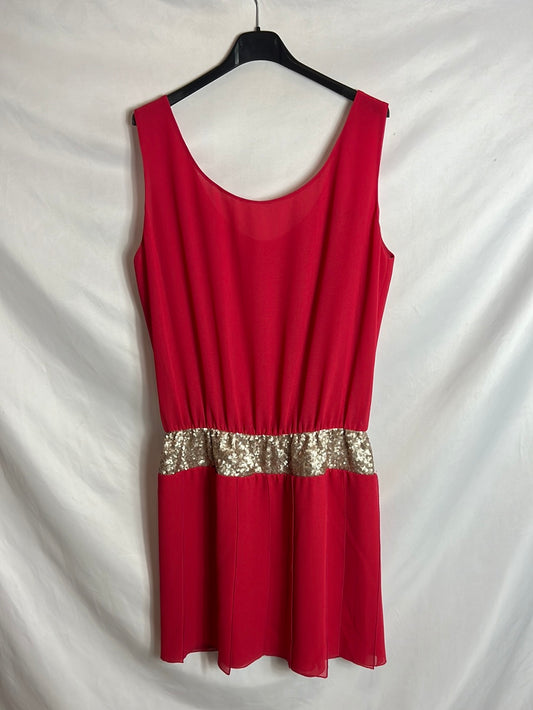 ELISA RIVERA. Vestido rojo fluido detalle lentejuelas. T 44