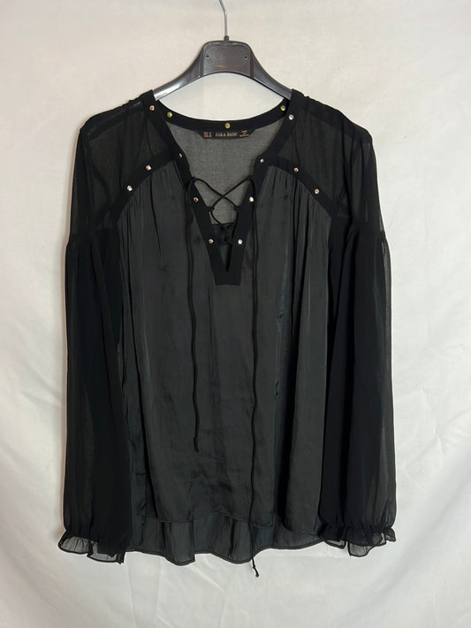 ZARA. Blusa negra doble textura. T M