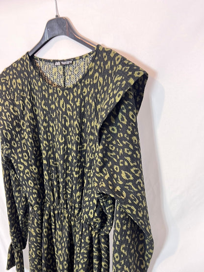 ZARA. Vestido negro textura animal print. T S