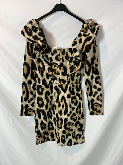 H&M. Vestido corto animal print textura. T S