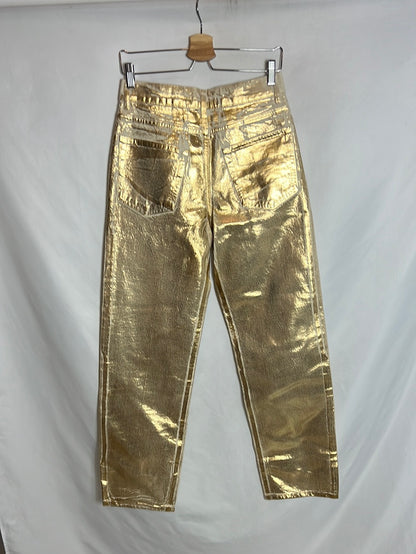 ZARA. Pantalón denim dorado efecto desgastado. T 38