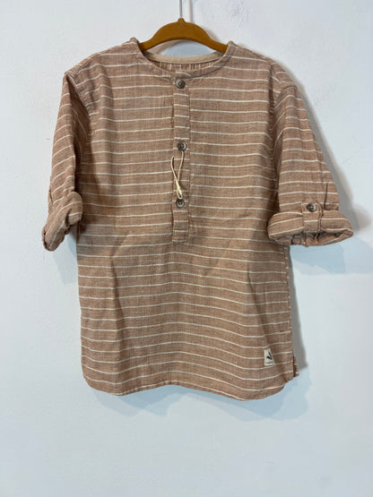 ZARA. Camisa lino rayas color tostado. T 4-5 años