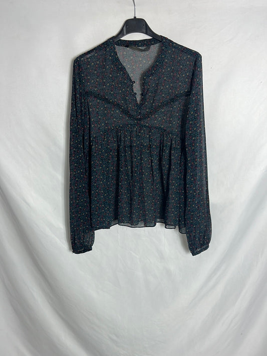 ZARA. Blusa gris estampada semitransparente T. S