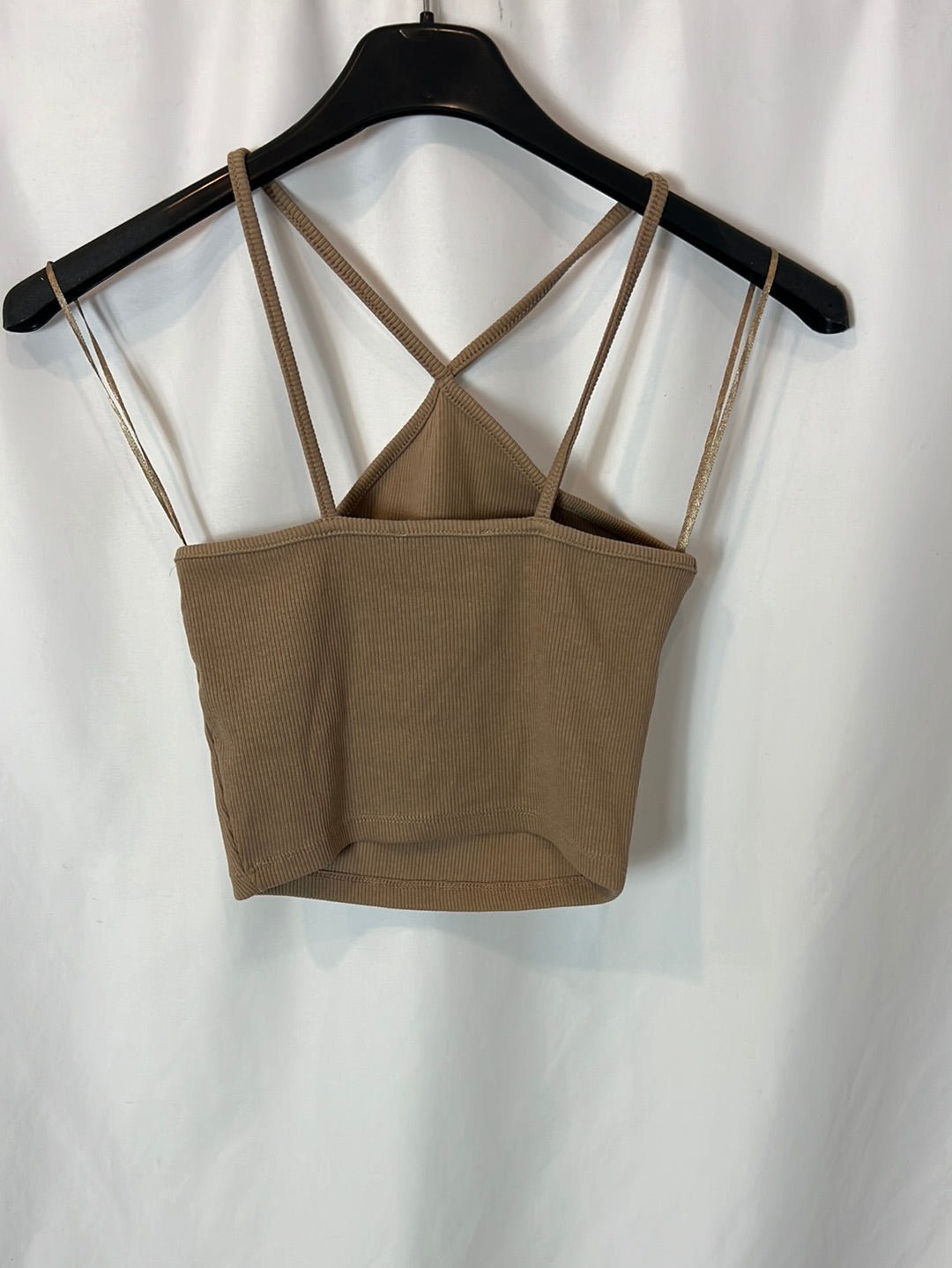 ZARA. Crop top beige tostado canalé. T S