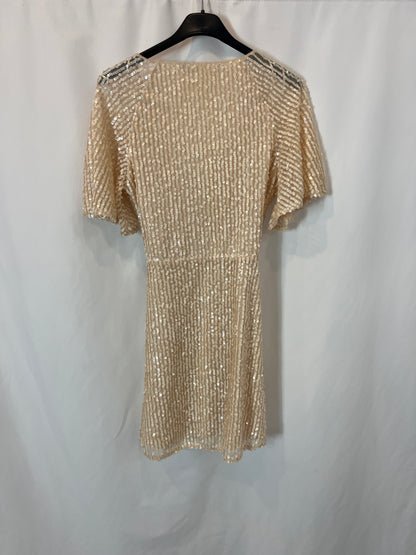 ZARA. Vestido corto beige mini lentejuelas. T XS