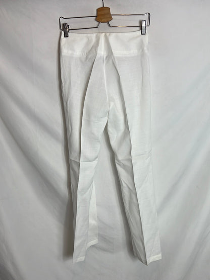 NAF NAF. Pantalón Lino blanco detalle cintura. T 36