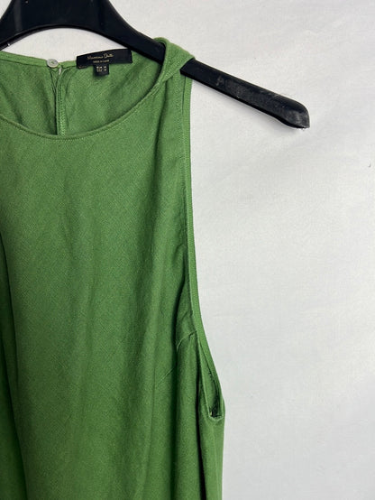 MASSIMO DUTTI. Vestido midi lino verde cuello halter. T M