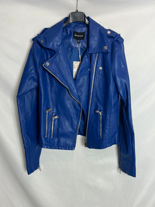 STRADIVARIUS. Chaqueta biker azul efecto piel. T S