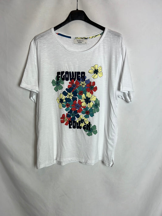 EL CORTE INGLÉS. Camiseta blanca flores. T S