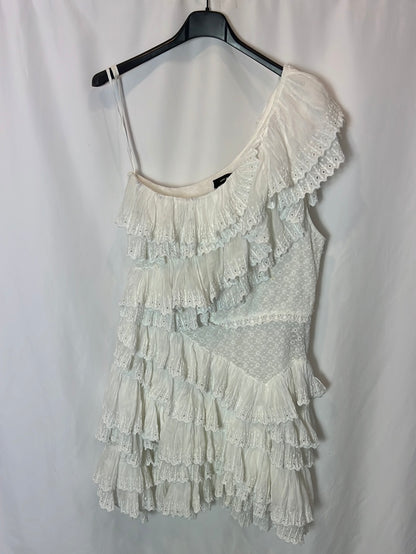 ISABEL MARANT. Vestido blanco asimétrico volantes. T 42