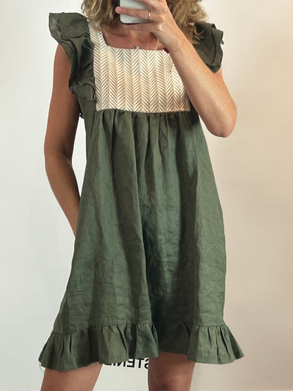 MARÁVIC. Vestido lino verde bordado. T M