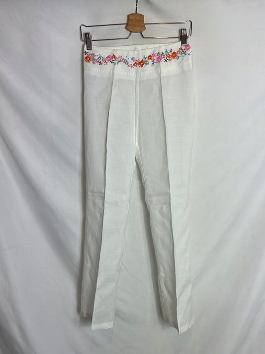 NAF NAF. Pantalón Lino blanco detalle cintura. T 36