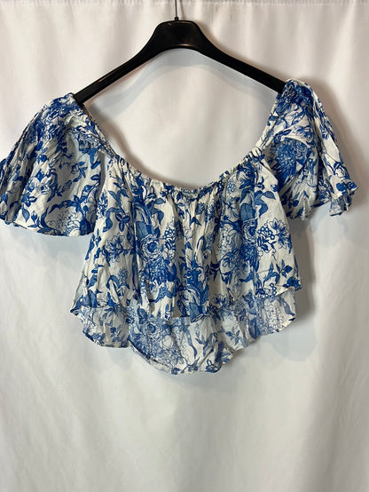 ZARA. top blanco flores azules T.s