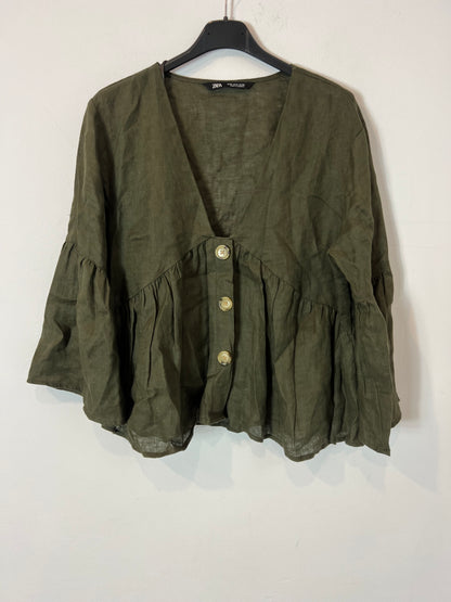 ZARA. Blusa lino verde oscuro. T M