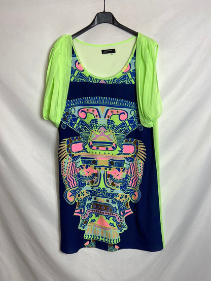 MIA DONNA. Vestido azul estampado neon T.L