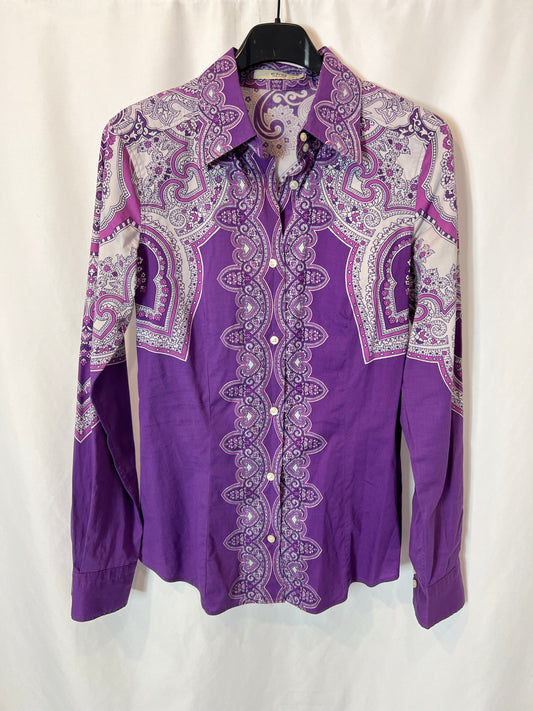 ETRO. Camisa morada flores blanca T.38(xs)