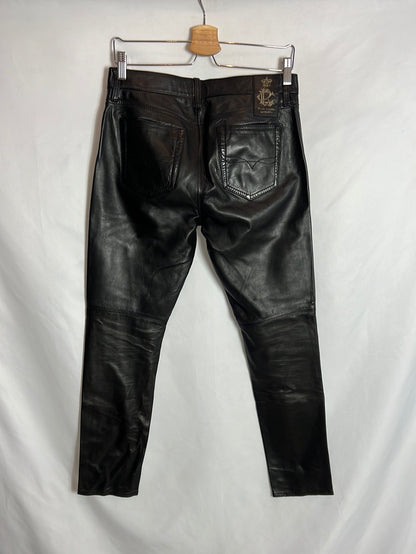 RALPH LAUREN. Pantalón negro piel costuras. T 29 (38)