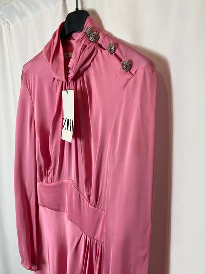 ZARA. Vestido rosa botones joya T.xs