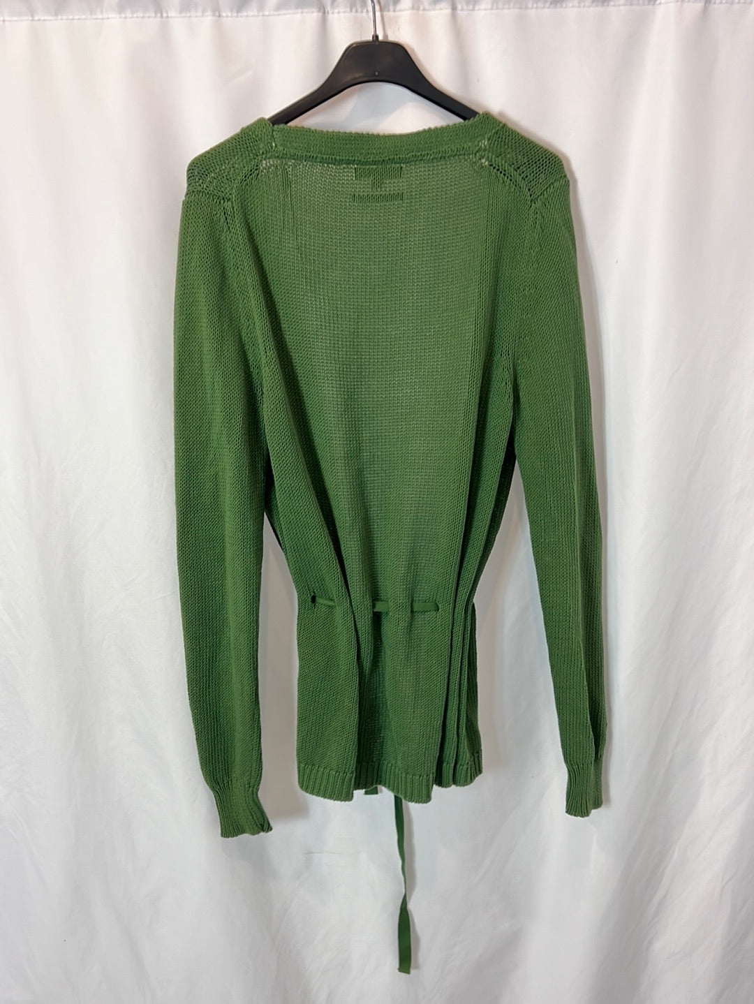 MASSIMO DUTTI. Cárdigan punto verde cinturón. T L