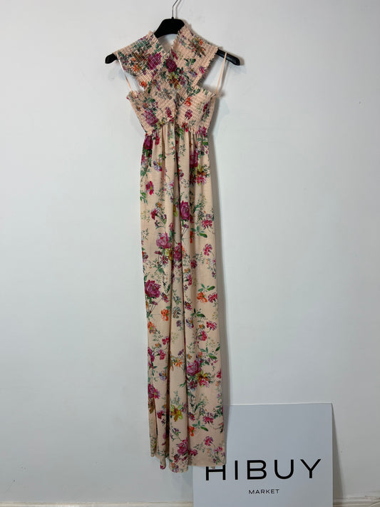 ZARA. Vestido largo flores nido de abeja. T M