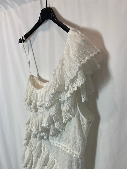 ISABEL MARANT. Vestido blanco asimétrico volantes. T 42