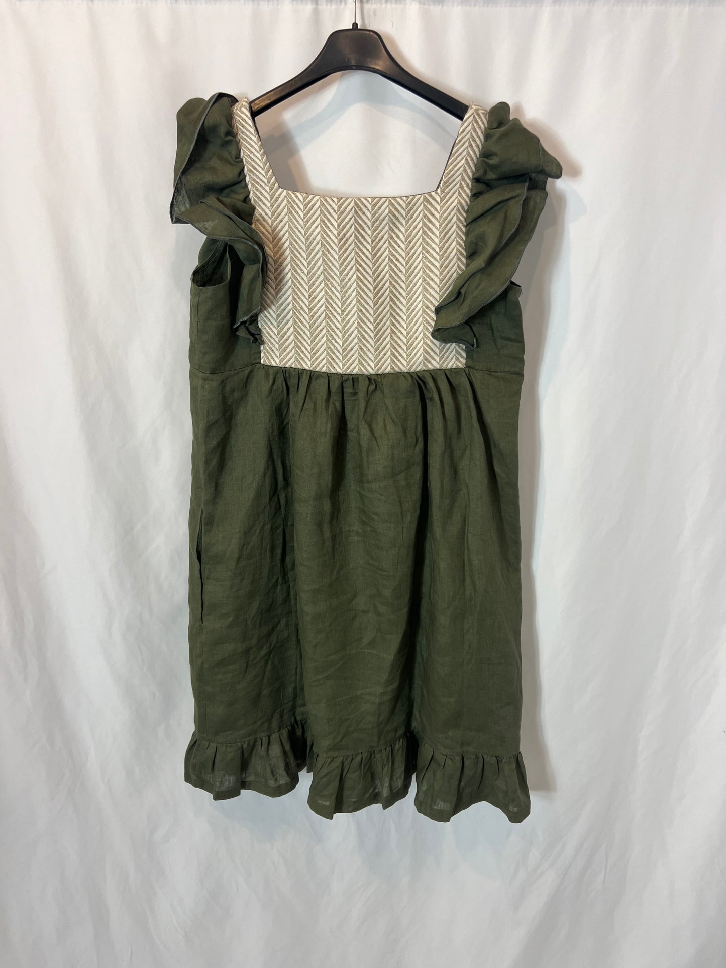 MARÁVIC. Vestido lino verde bordado. T M