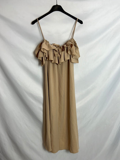 ZARA. Vestido midi volante beige. T M