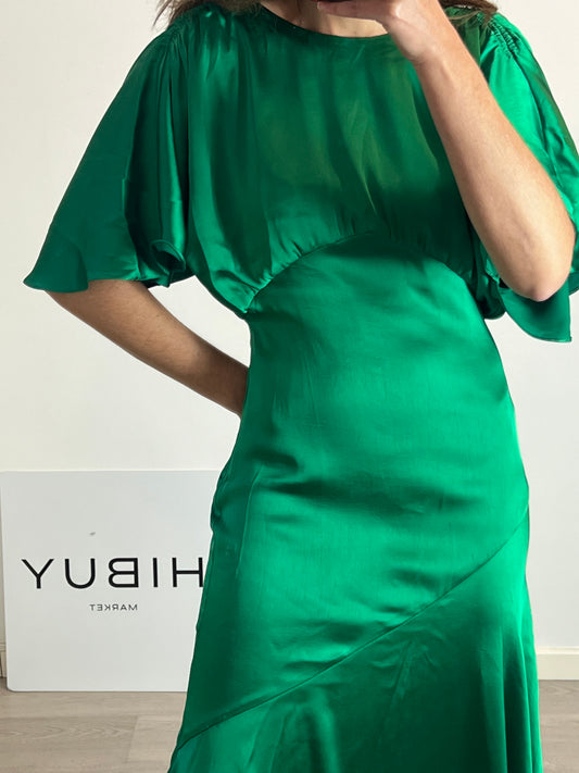 PEDRO DEL HIERRO. Vestido largo verde satinado T.38