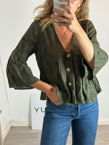 ZARA. Blusa lino verde oscuro. T M