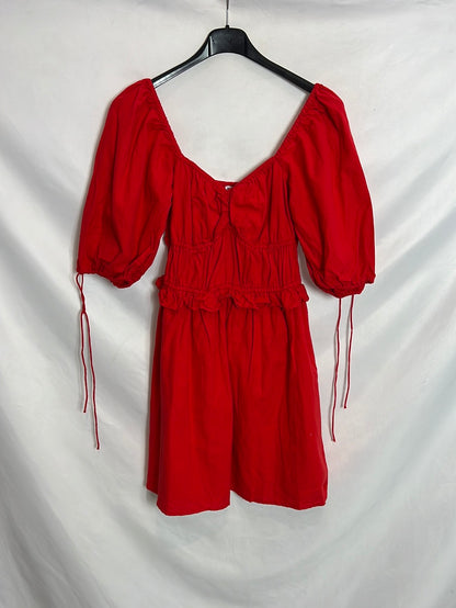 BERSHKA. Vestido corto rojo fruncidos. T M