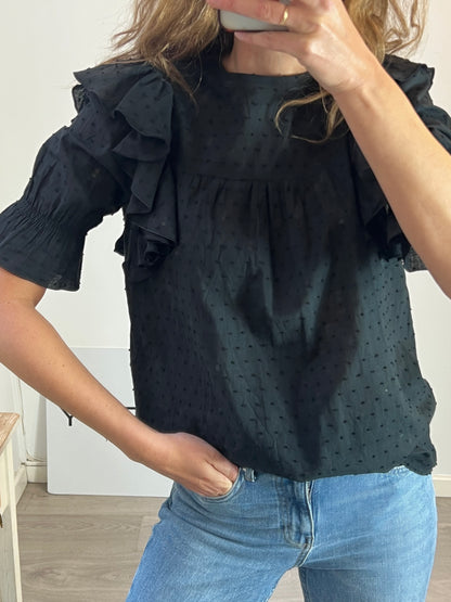 ELEFANTINE. Blusa negra plumeti detalle volante. T M